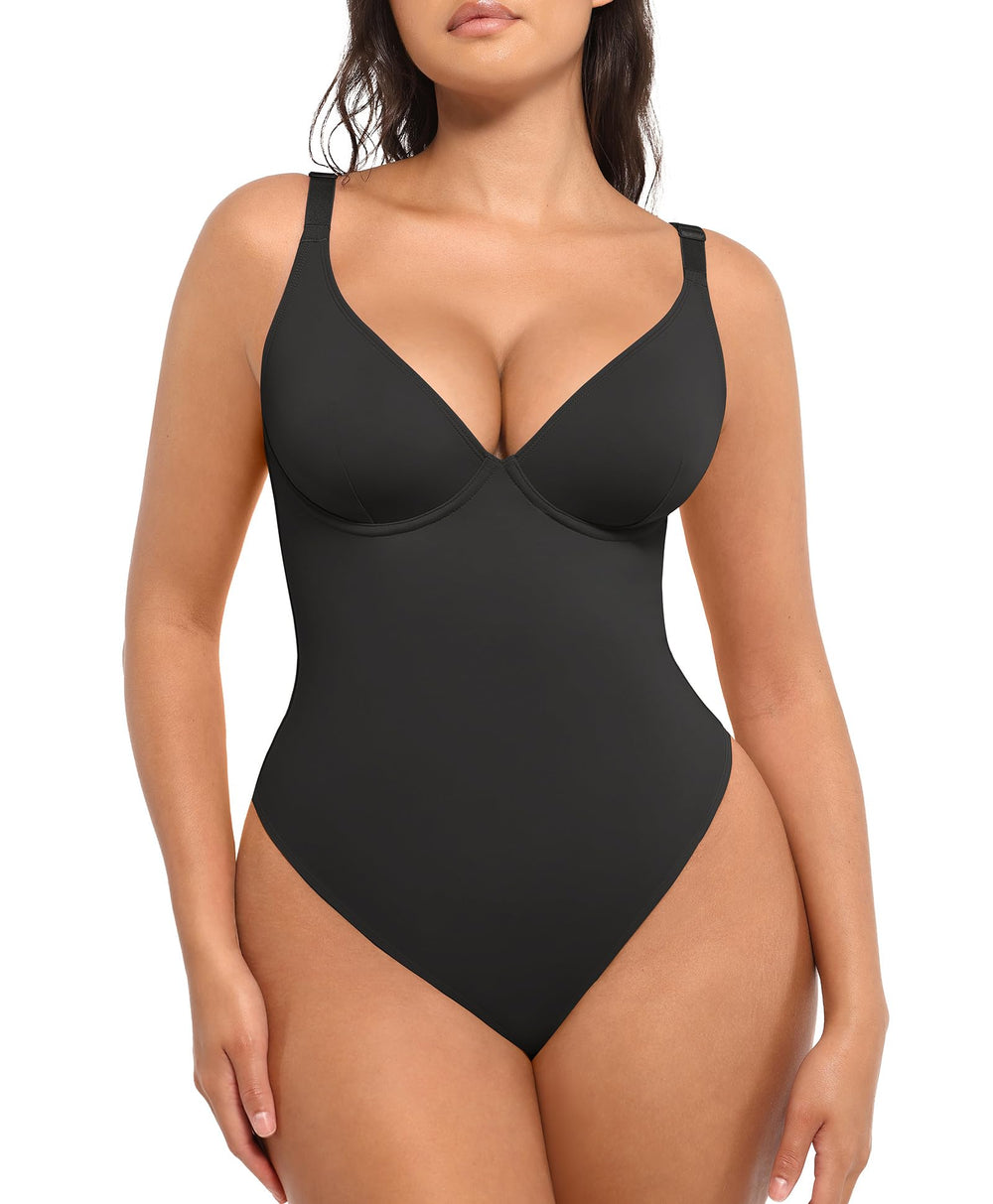 Open-Back Thong Bodysuit with Tummy Control – Black