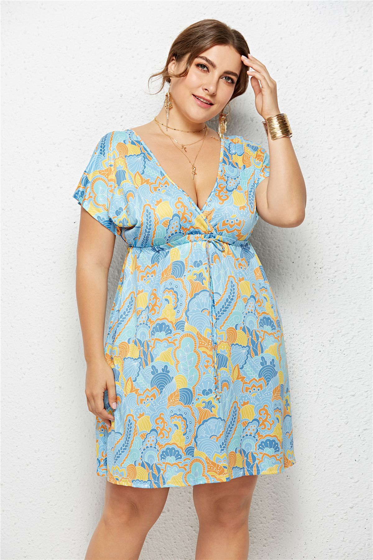 Printed Deep V-Neck Dress with Elastic Waist TAKINMaXX