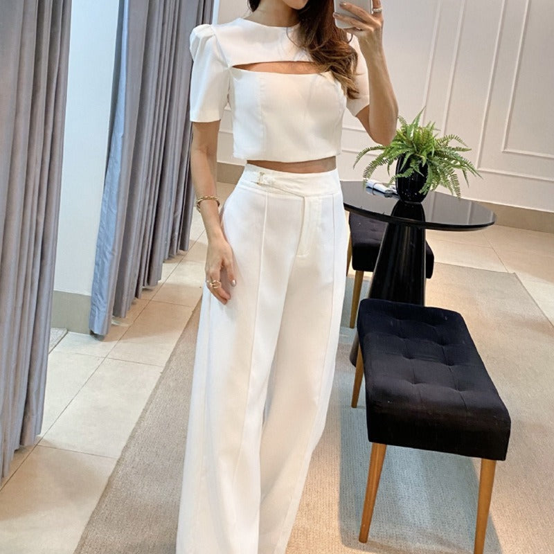 White Short Sleeve Hollow Out Top and Wide Leg Pants Set