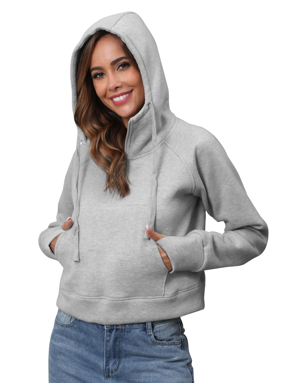 Fleece-Lined Half-Zip Cropped Hoodie – Grey