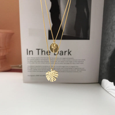 Korean S925 Silver Gold Monstera Layered Necklace