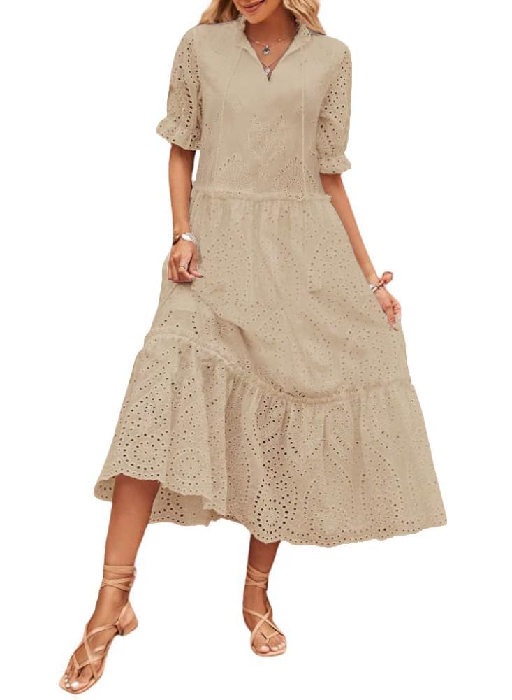 chouyatou Womens Summer Boho Embroidery Eyelet Dress V-Neck Collared Tiered Midi Tunic Dress (XX-Large Khaki) TAKINMaXX