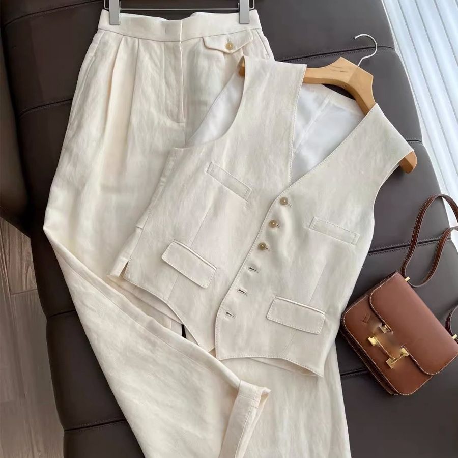 Chic Autumn Cotton-Linen Vest and Wide-Leg Pants Set