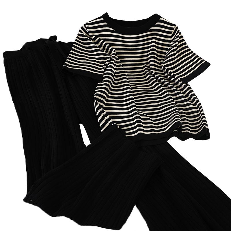 Chic Loose Short Sleeve Knit Top and Wide Leg Pants Set