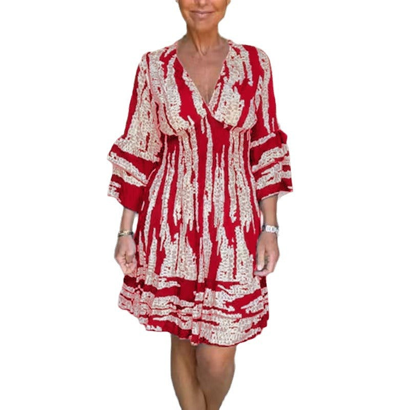 2023 Women's V-Neck Flare Sleeve Printed Dress