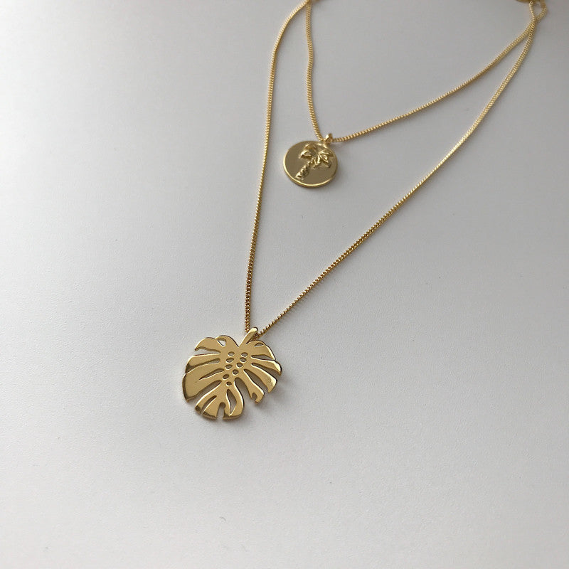 Korean S925 Silver Gold Monstera Layered Necklace