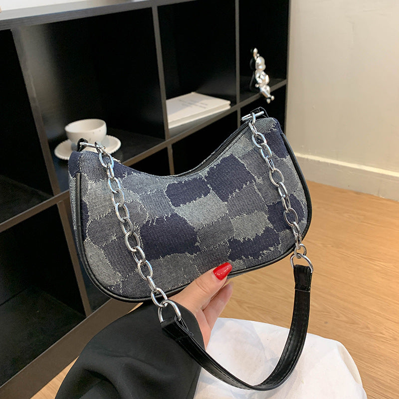 Women’s Casual Denim Baguette Shoulder Bag with Chain