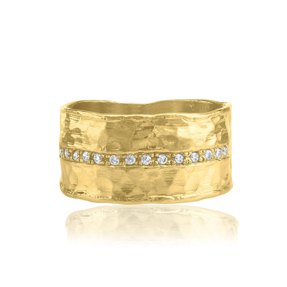 Hammered Wide Band Ring with Cubic Zirconia – 14K Gold Over Sterling Silver