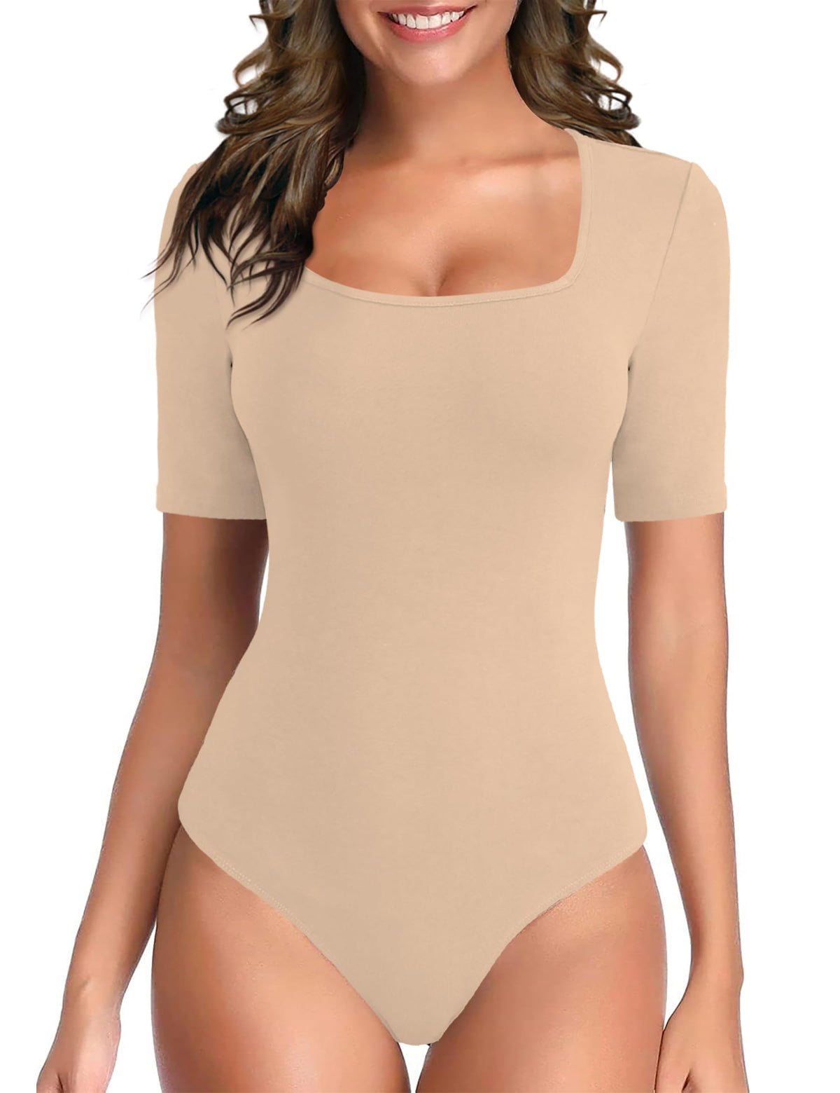 Square Neck Short Sleeve Bodysuit – Snap Closure, Nude