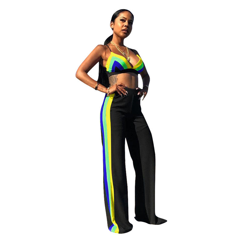 Rainbow Striped Crop Top and Wide Leg Pants Set