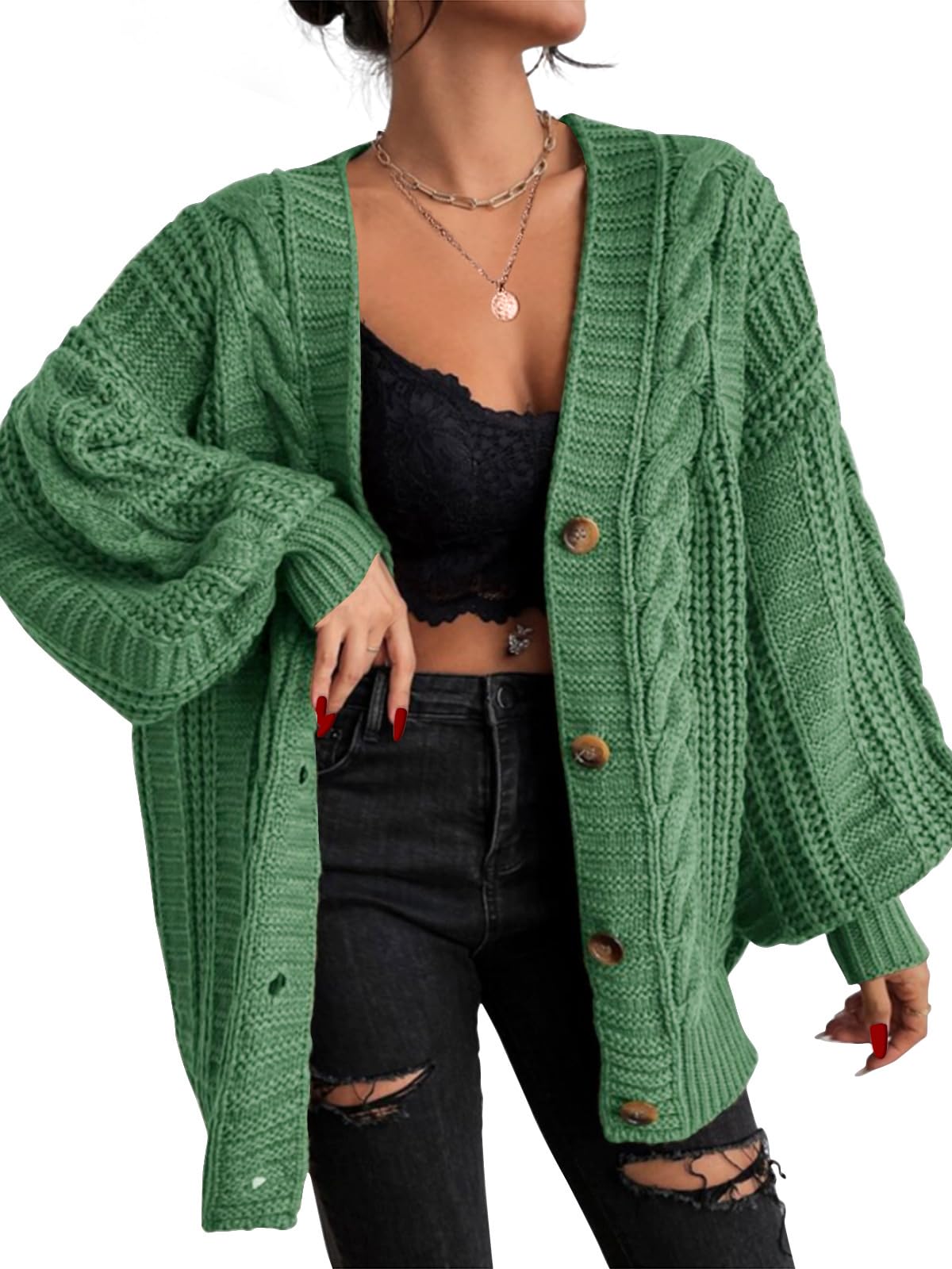 EXLURA Womens 2025 Oversized Cardigan Sweaters Fall Winter Lightweight Soft Knit Cardigan Open Front Button Outwear Coats Dark Green