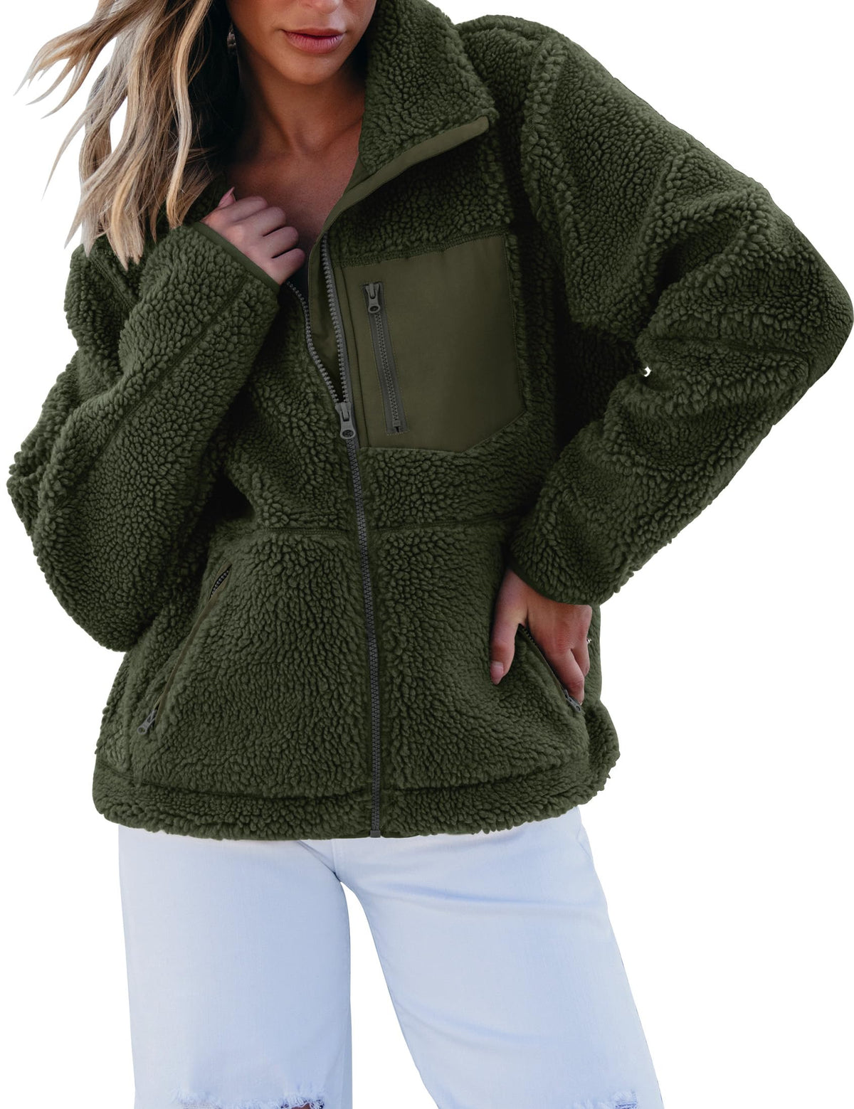 luvamia Sherpa Jacket Women Trendy Zip Up Fleece Jacket Womens Winter Coats For Women Womens Fleece Jacket Jackets For Women Casual Fuzzy Fleece Jacket Green Size X-Large Fits Size 16 Size 18
