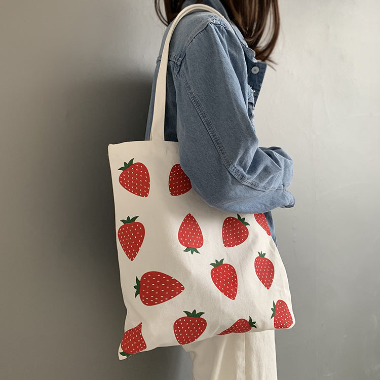 Strawberry Print Women's Canvas Shoulder Bag Large Capacity