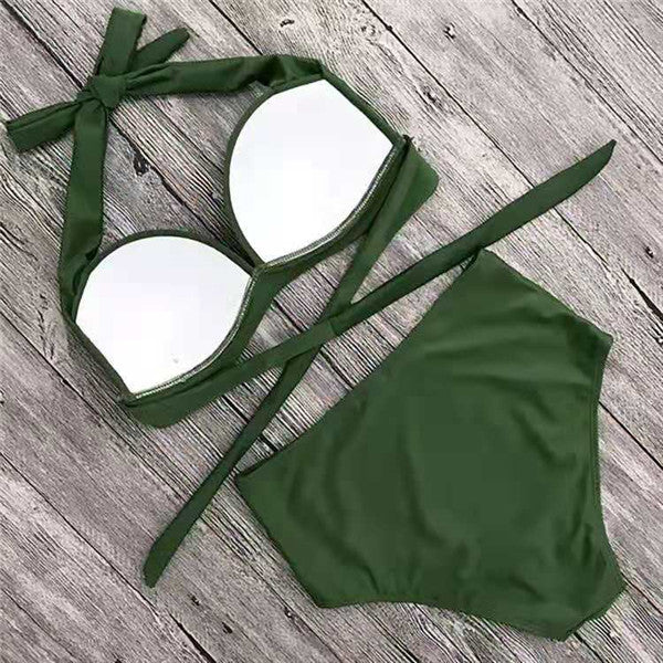 Solid Color High-Waisted Bikini Women's Swimsuit