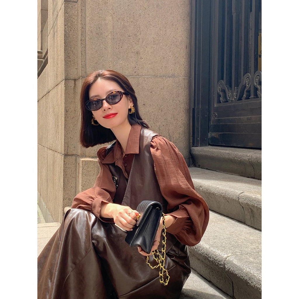 Women's High-Waisted Solid Color Leather Skirt