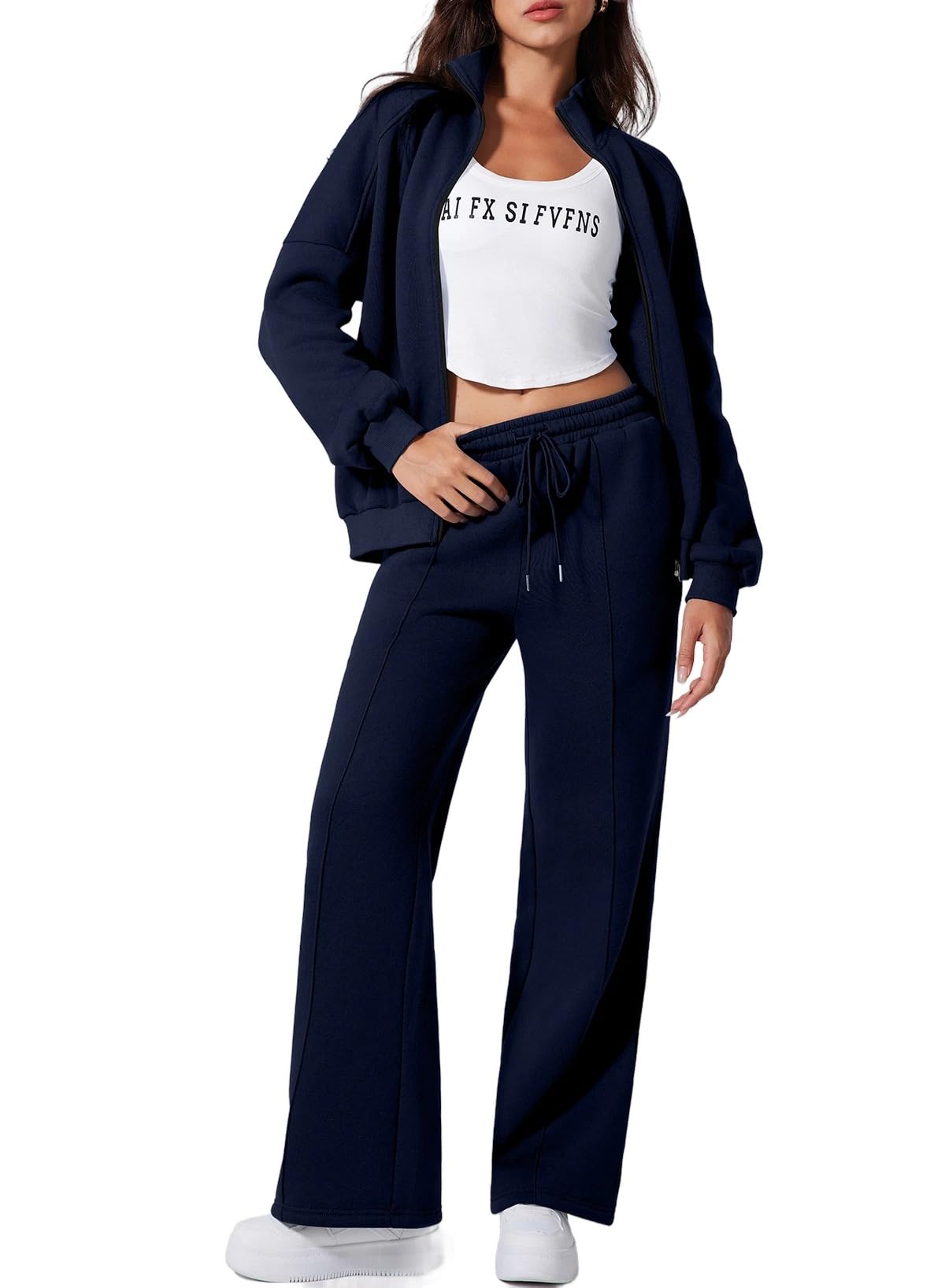 Zip-Up Sweatsuit Set – Fleece-Lined Wide-Leg Sweatpants, Navy