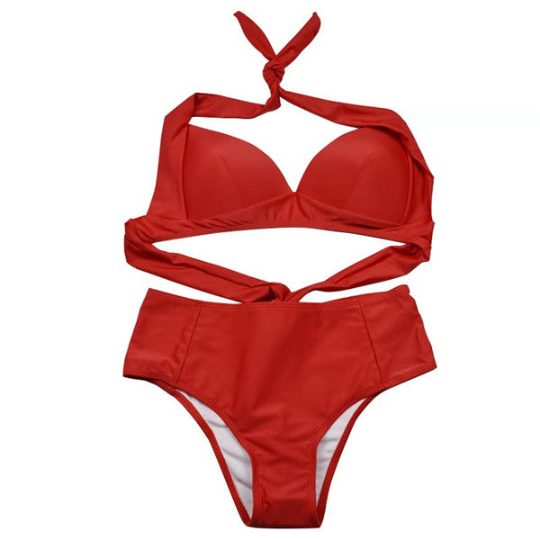Solid Color High-Waisted Bikini Women's Swimsuit