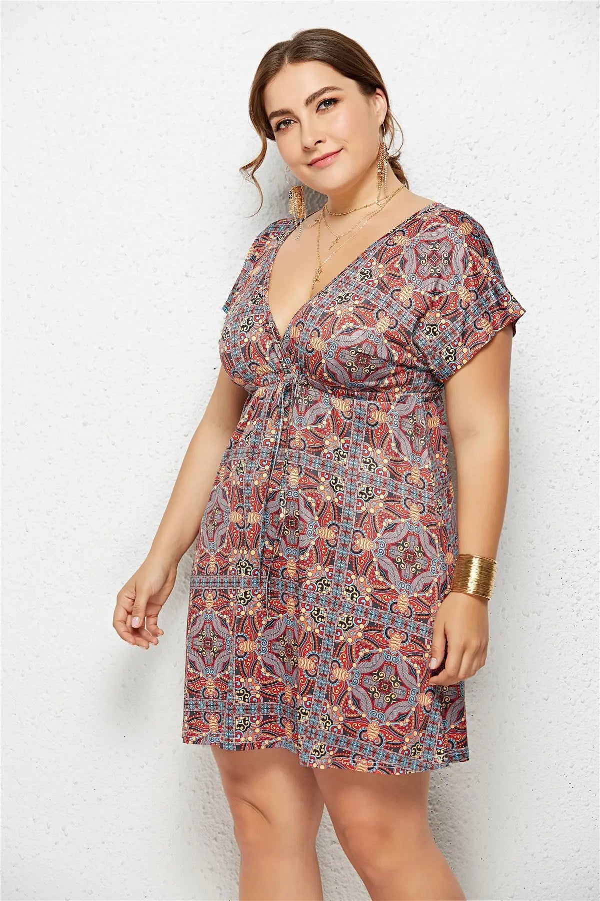 Printed Deep V-Neck Dress with Elastic Waist TAKINMaXX
