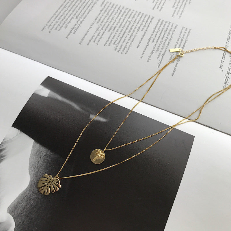 Korean S925 Silver Gold Monstera Layered Necklace