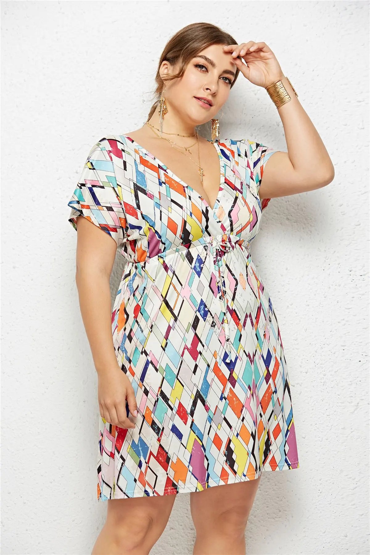 Printed Deep V-Neck Dress with Elastic Waist TAKINMaXX