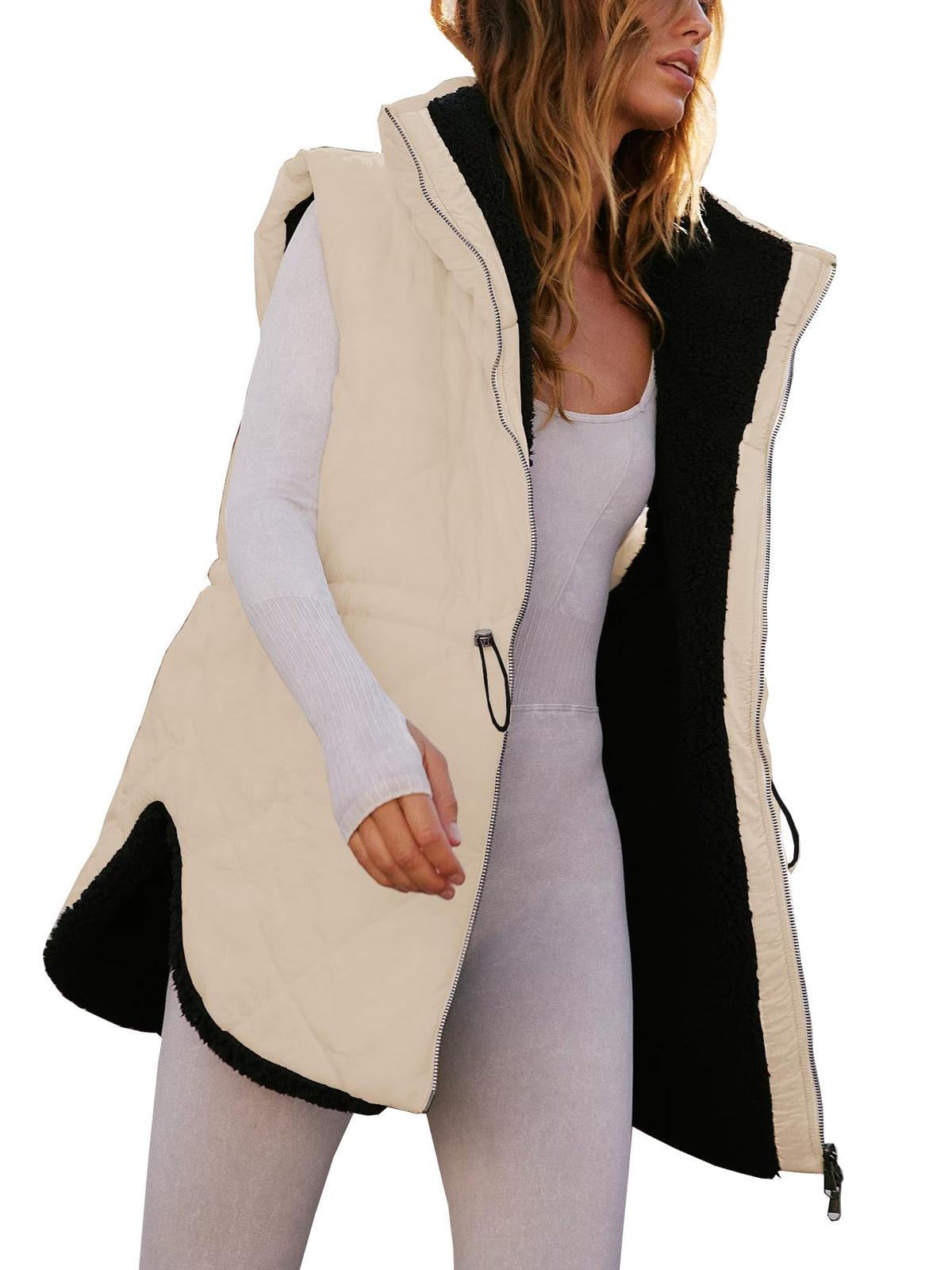 Women Fall Reversible Vests Sleeveless Sherpa Fleece Jacket Zip Up Hoodie Long Warm Winter Padded Coat Outerwear