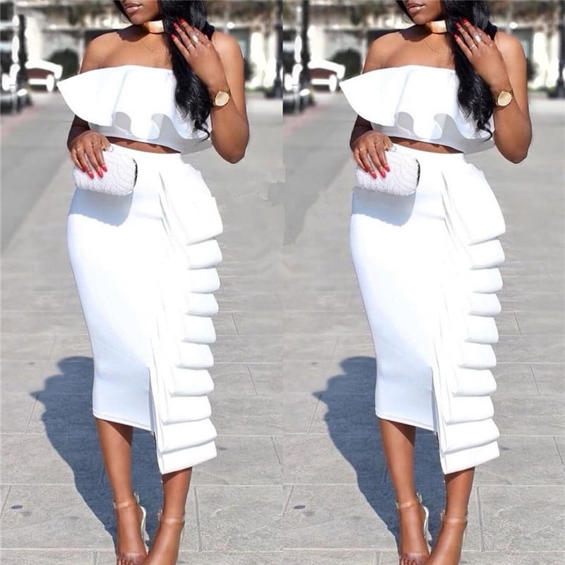 Women's Solid Color High Waisted Skirt and Top Set