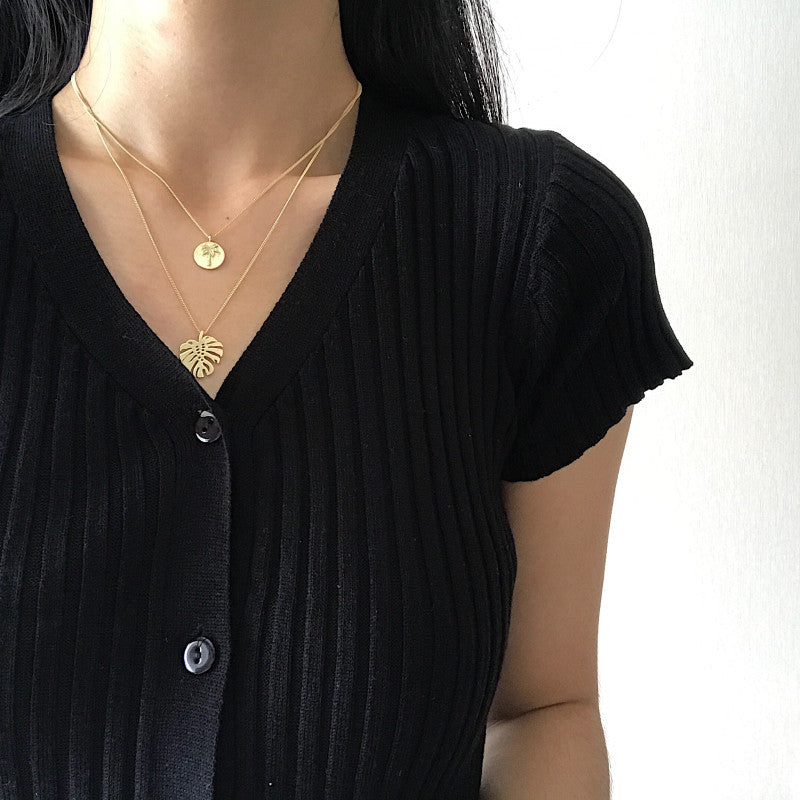 Korean S925 Silver Gold Monstera Layered Necklace