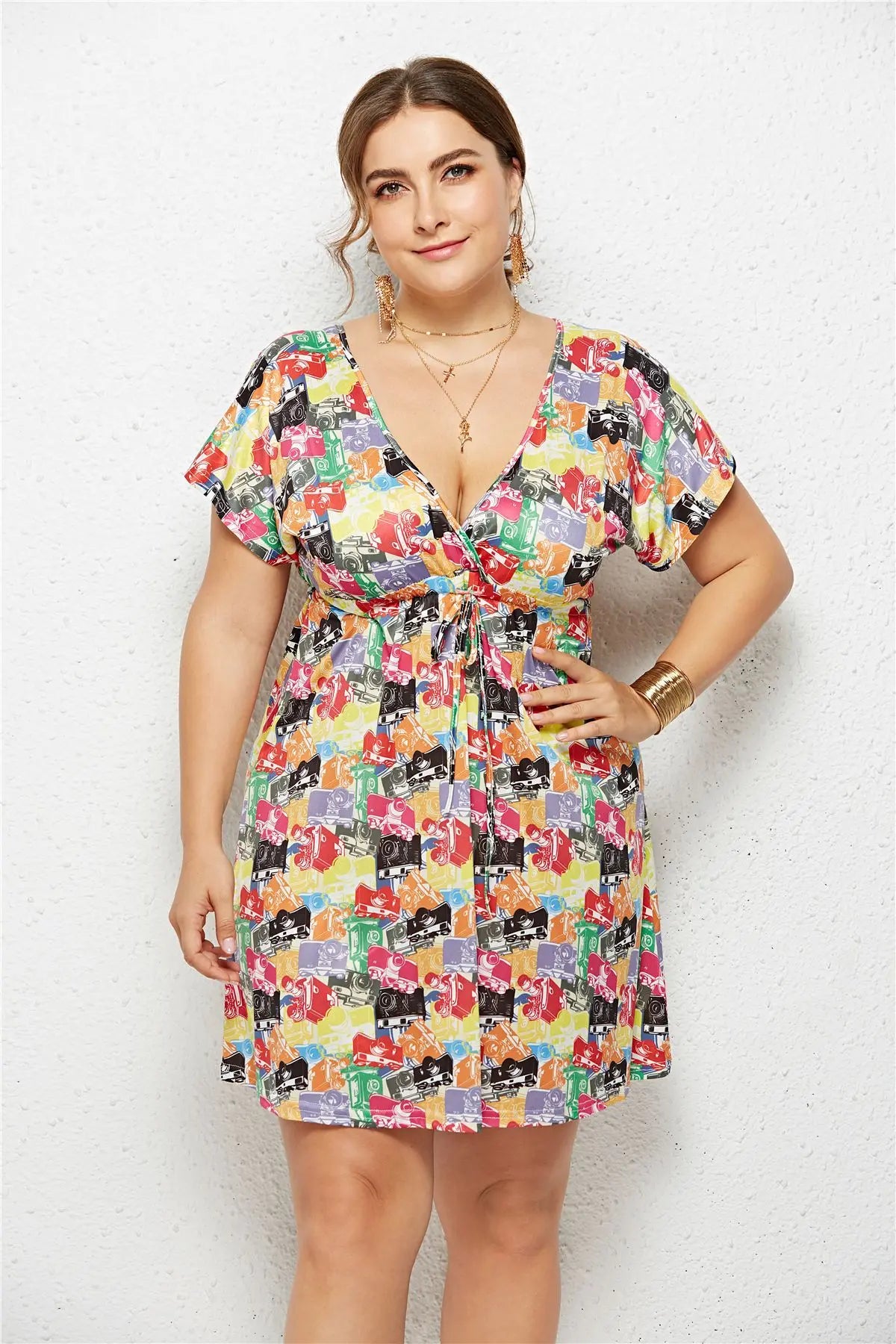 Printed Deep V-Neck Dress with Elastic Waist TAKINMaXX