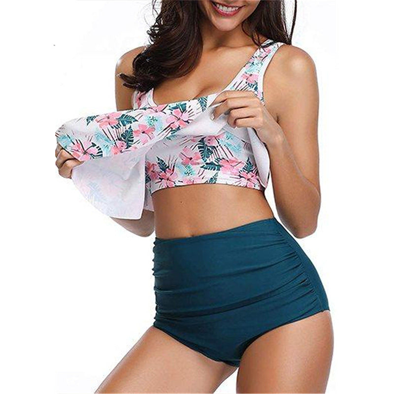 Floral Ruffled High-Waisted Bikini Swimsuit