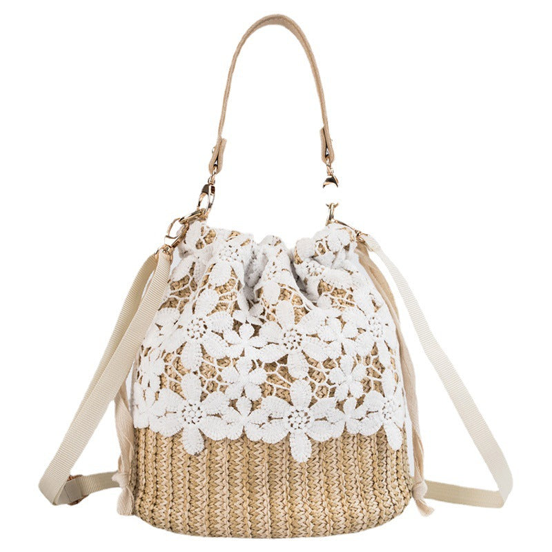 Retro Floral Woven Crossbody Bucket Bag for Women