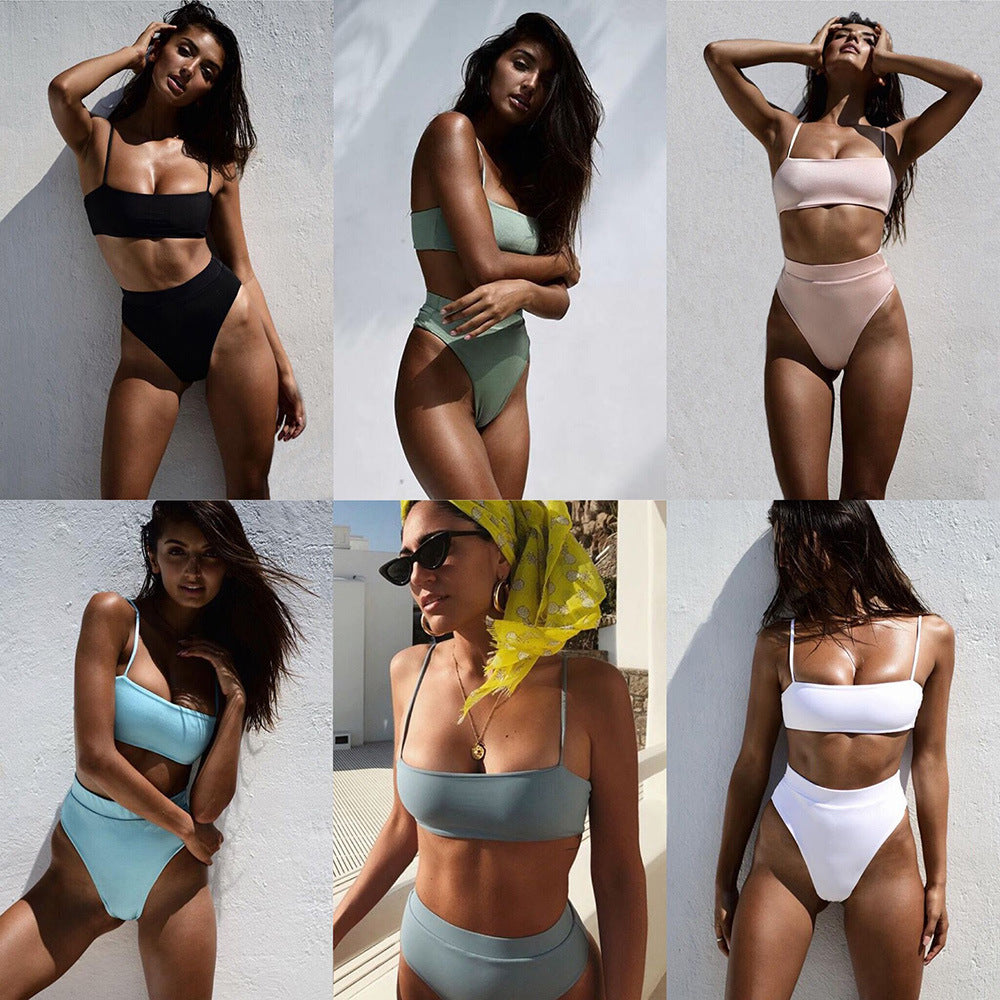 Women's High-Waisted Solid Color Bikini Set
