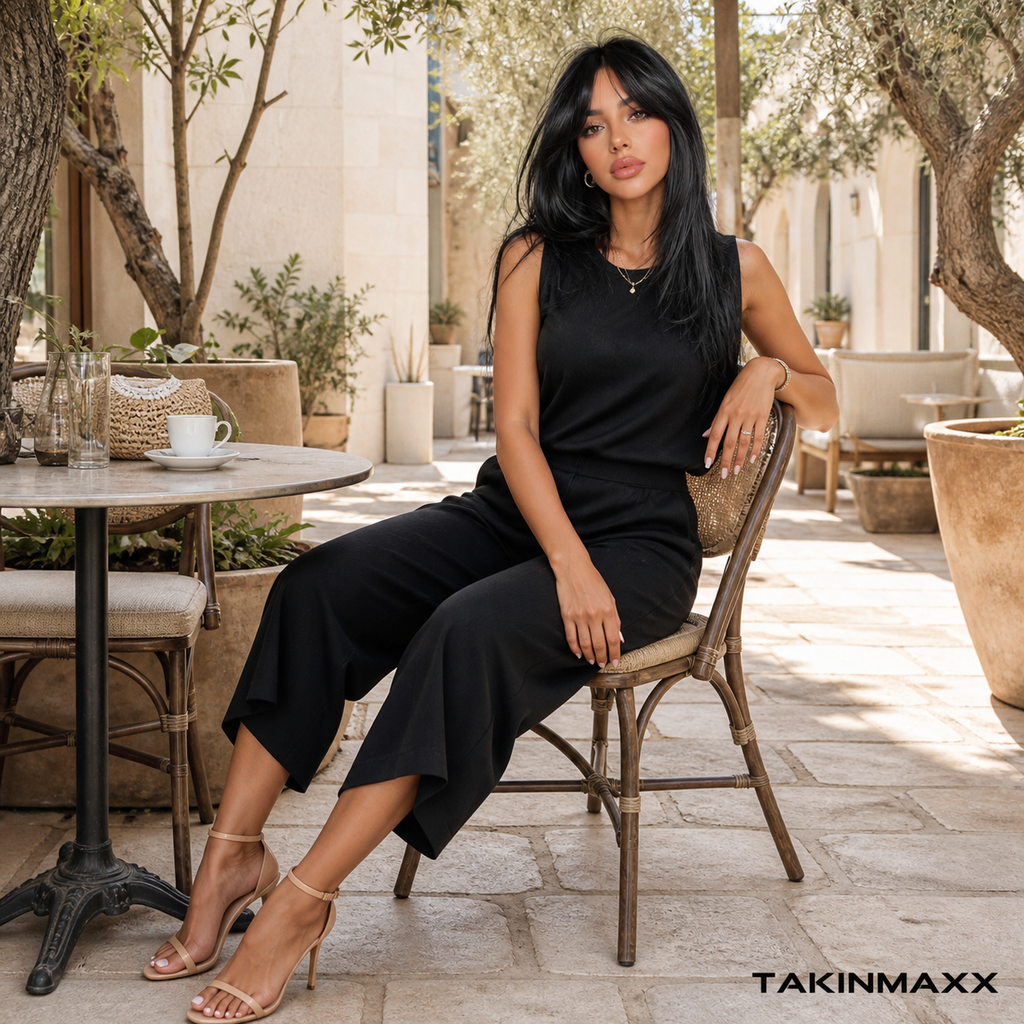 TAKINMAXX black cropped wide-leg set at a cafe