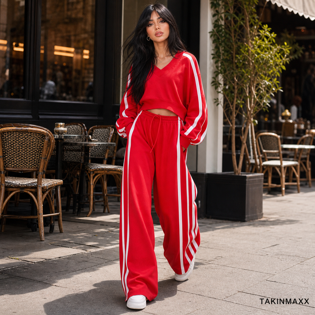 TAKINMAXX red striped wide-leg set at a city cafe