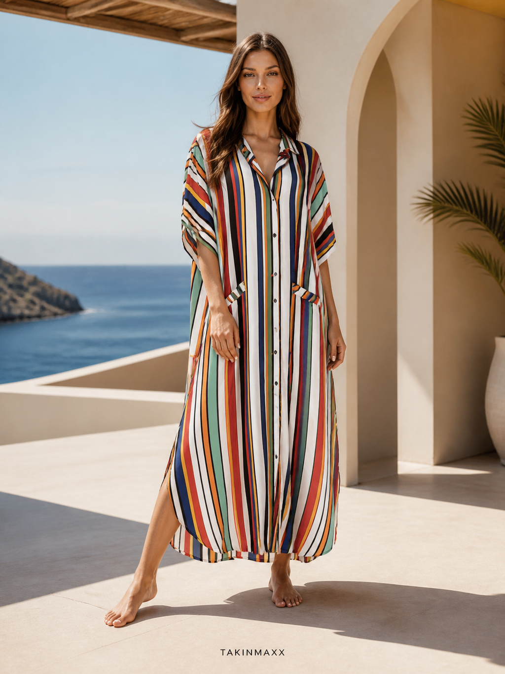 TAKINMAXX colorful striped button-down maxi dress on coastal terrace