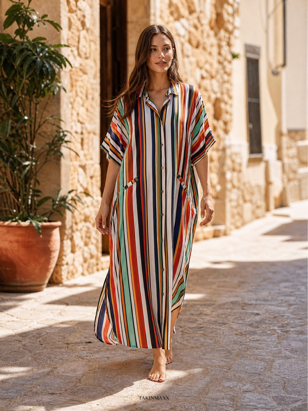 TAKINMAXX colorful striped button-down maxi dress in old town