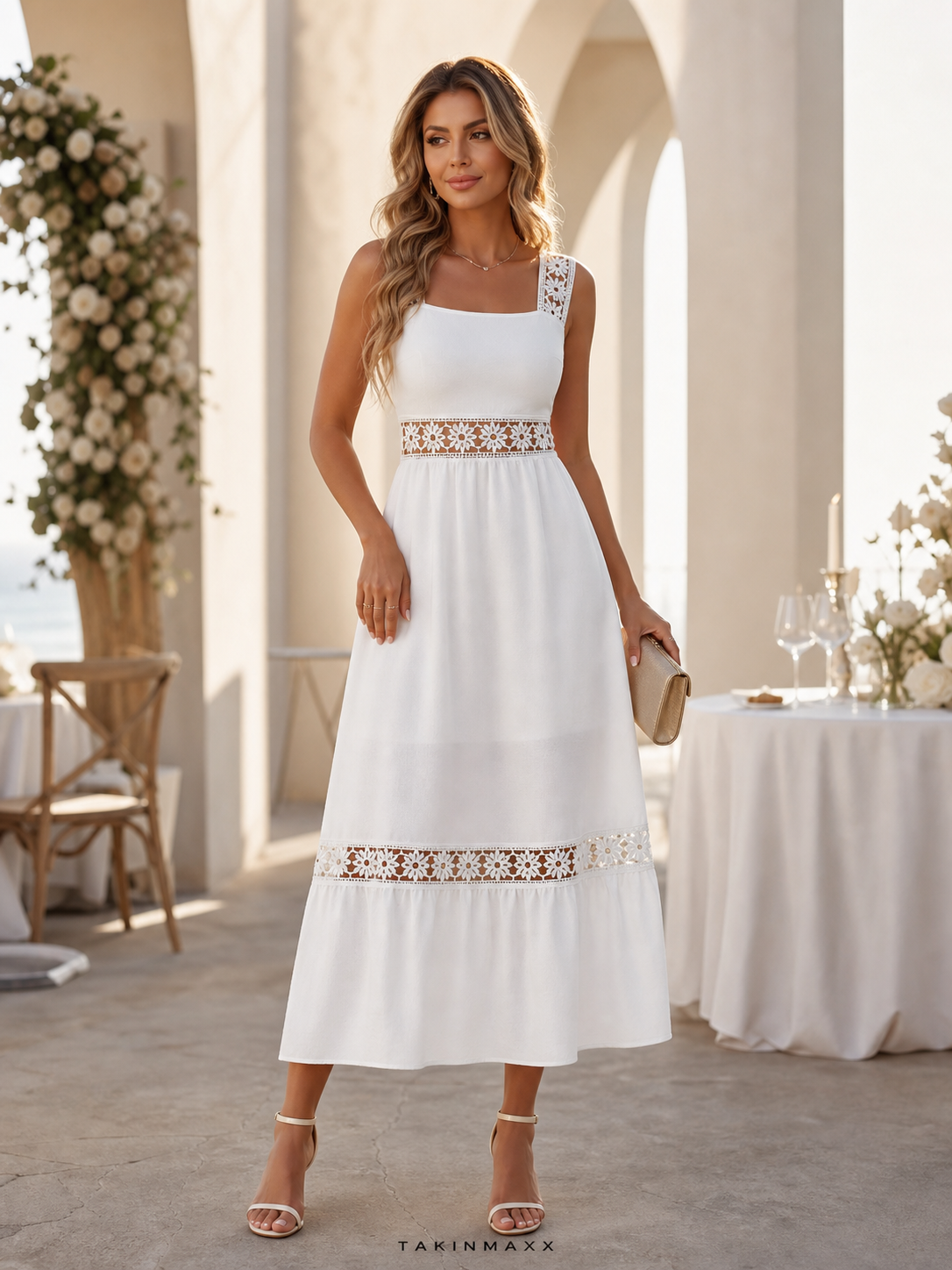 TAKINMAXX white Tory Midi Dress on a wedding terrace