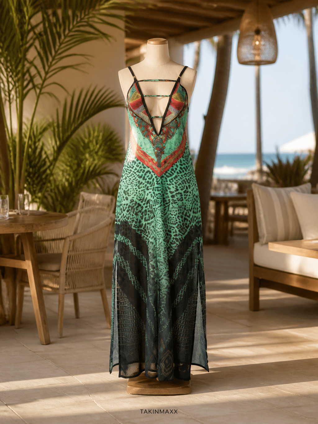 TAKINMAXX Tropical Long Maxi Dress at beach club